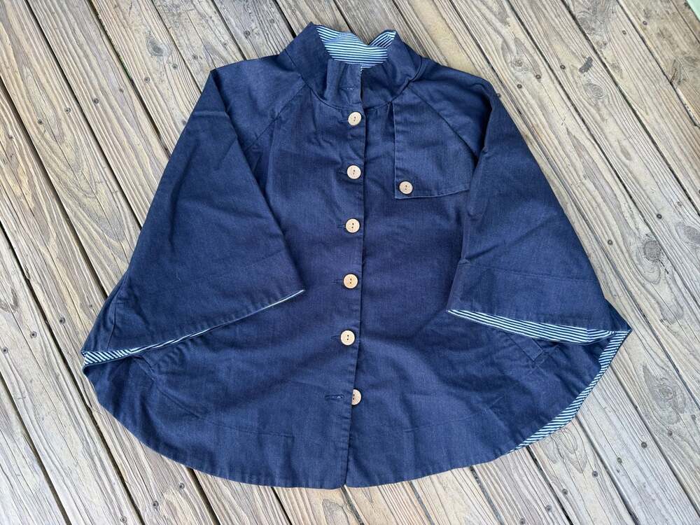 Chico's Navy Denim Button Front Cape Jacket with Striped Lining